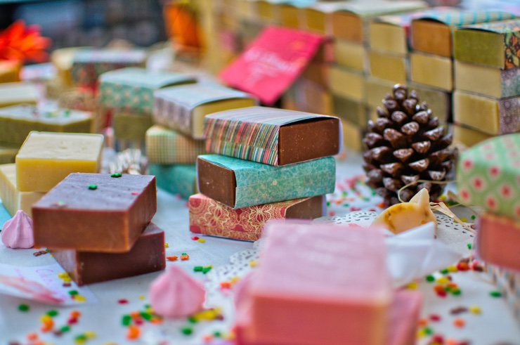 Different coloured soaps in packaging