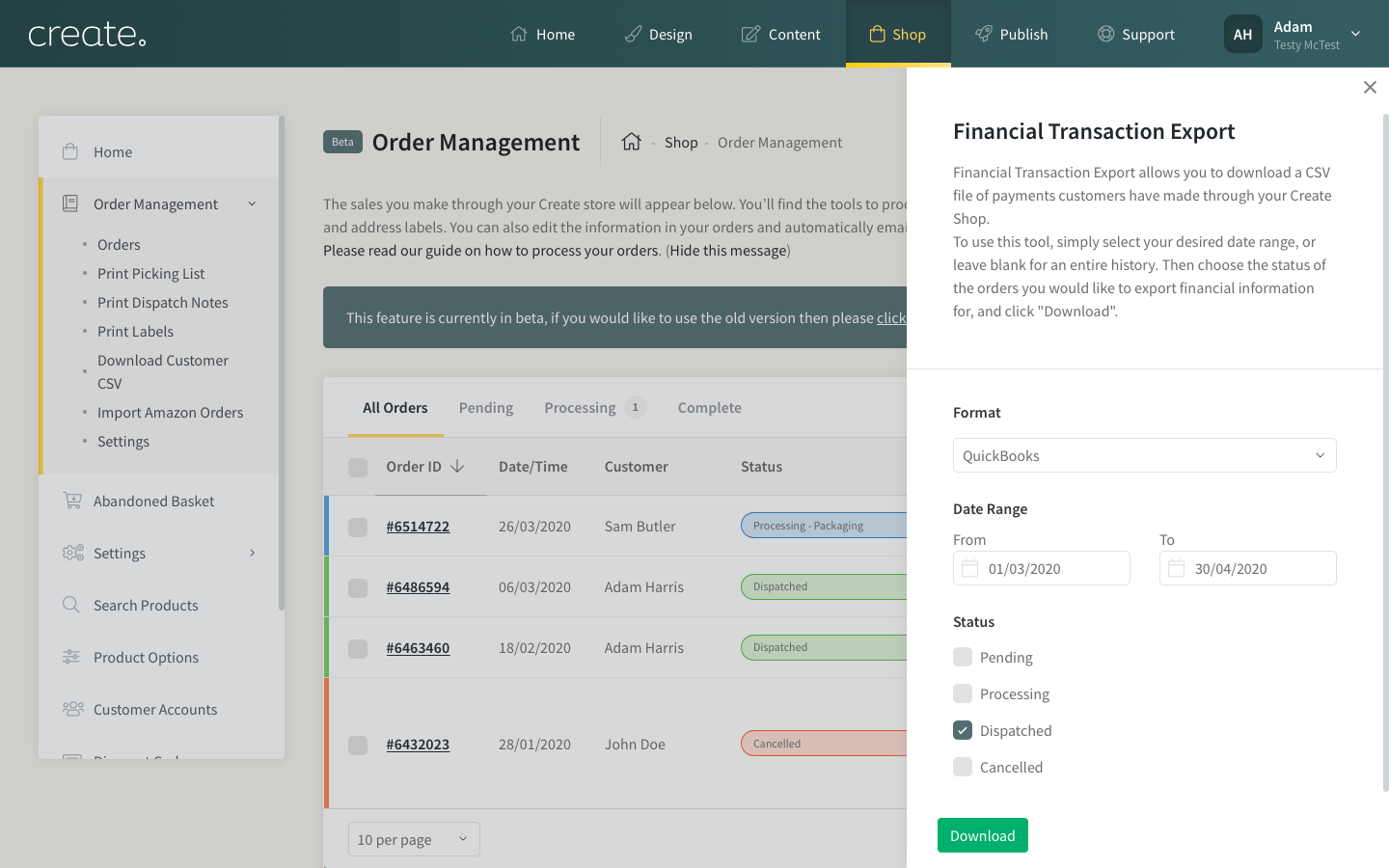 Exporting to Quickbooks