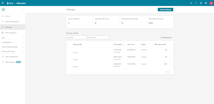 The Sitemaps area of Bing Webmaster Tools