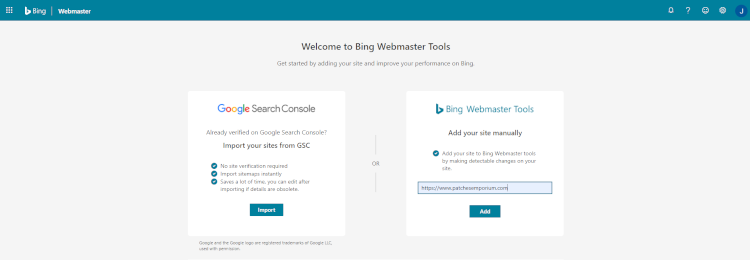 Adding a website manually to Bing Webmaster Tools