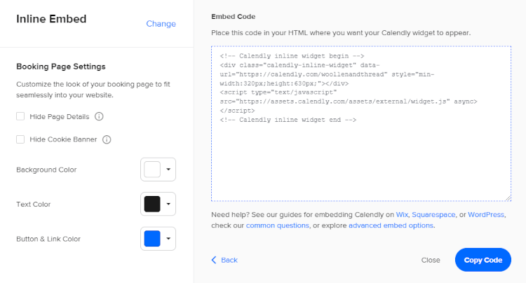 An example of Calendly's Inline Embed code