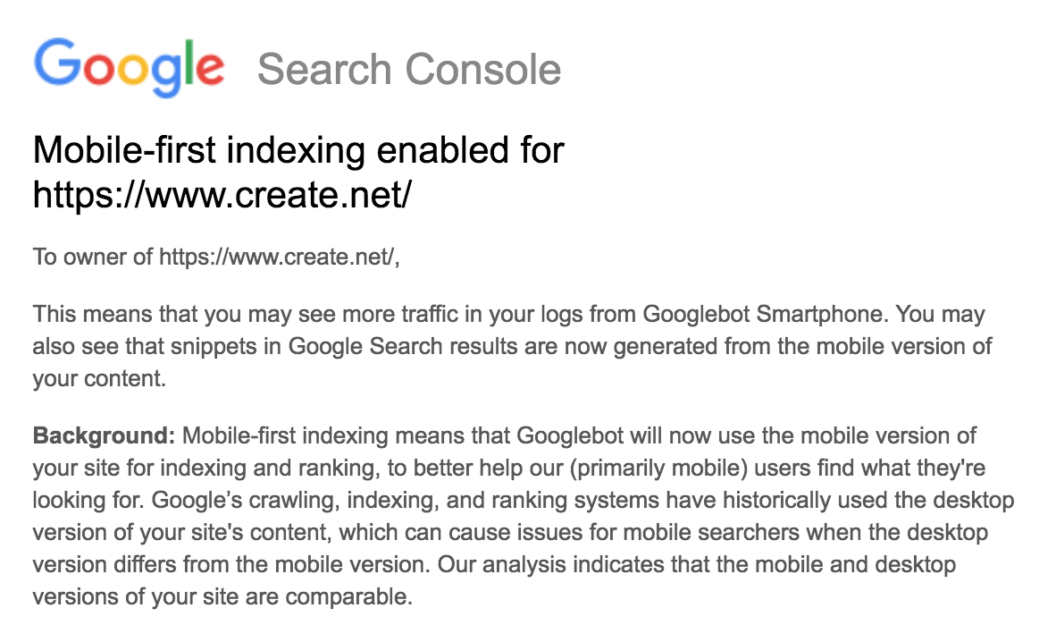 Example of Google Mobile First indexing Email