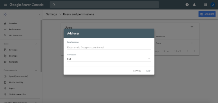 The Add User Modal in Google Search Console Settings