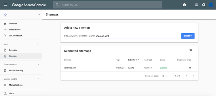 Add a new sitemap to Google Search Console