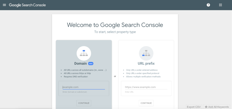 The Welcome to Google Search Console screen