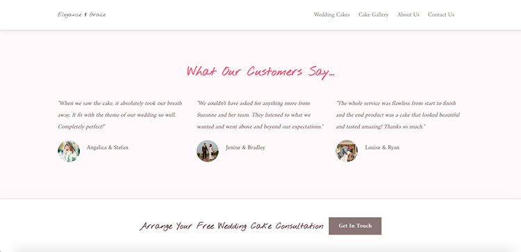 Testimonials Cake Website Examples