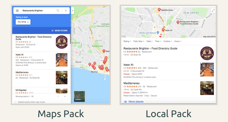 Examples of map and local packs in Google