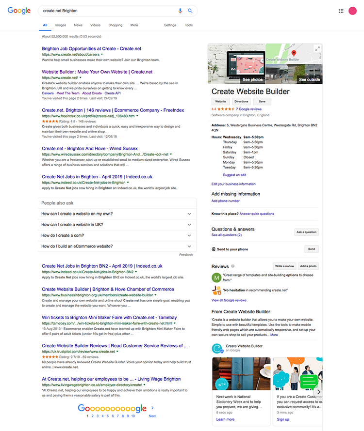 Google search for create.net Brighton with Knowledge Panel