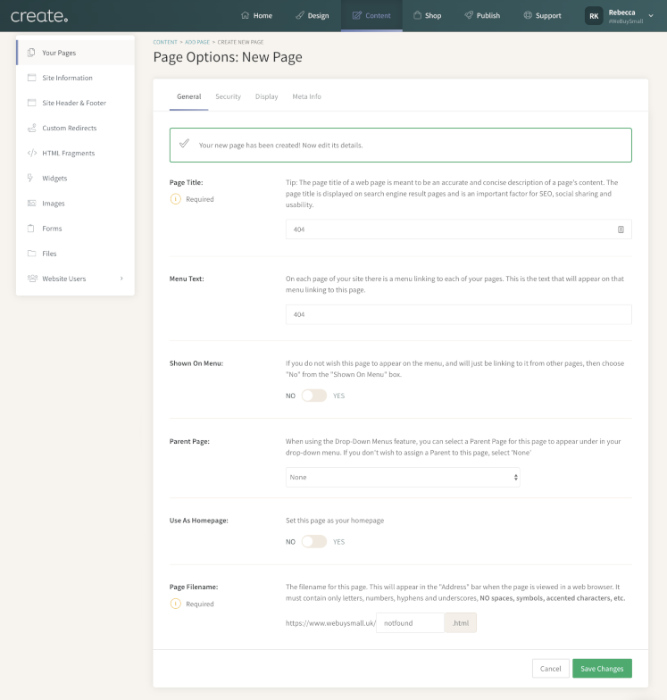 Page options for new Content Pages in Create