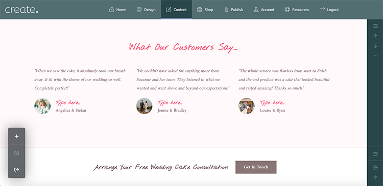Testimonials block on Elegance & Grace Example Home Page