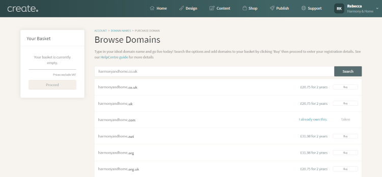 Create's Browse Domains Section