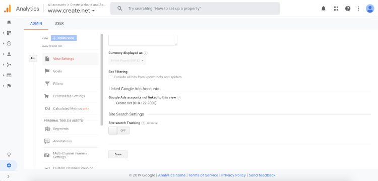 The View Settings menu in Google Analytics