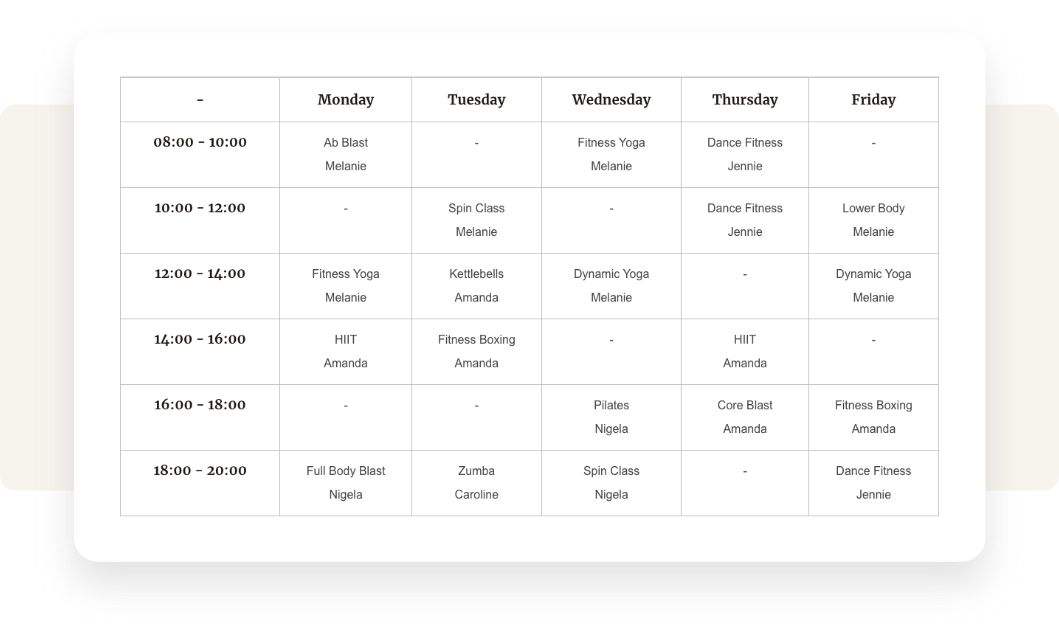 An example of a Weekly Timetable