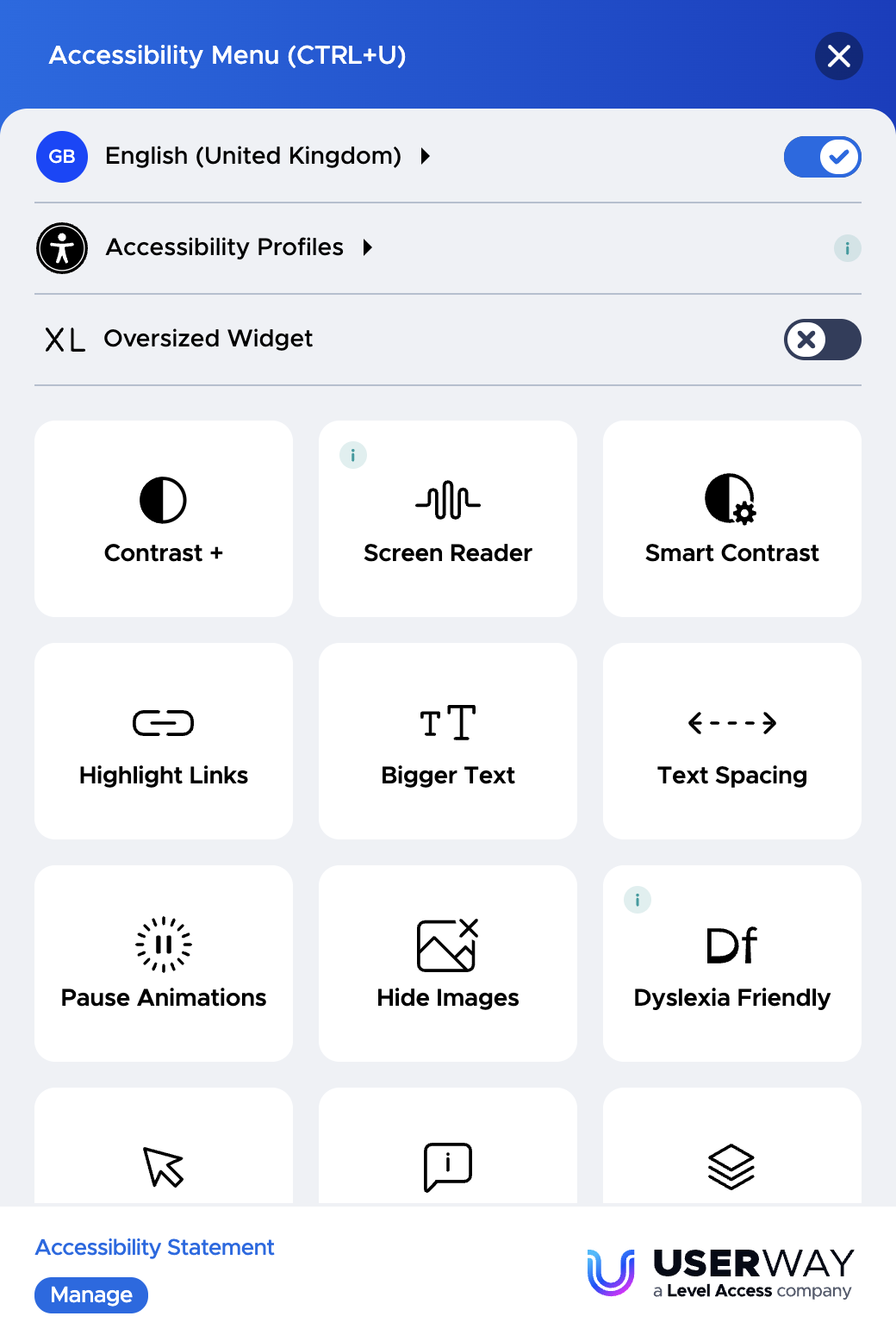 An expanded view of UserWay's accessibility widget