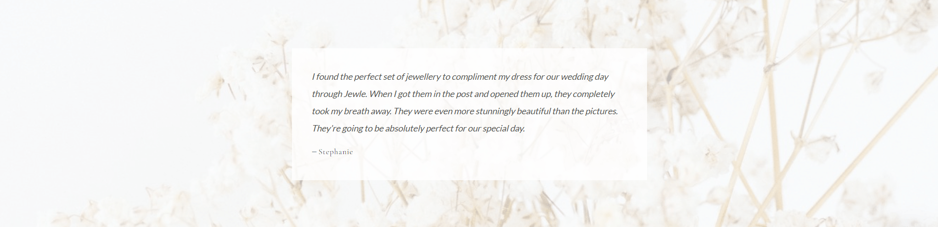 A testimonial featured on the Jewle website with a floral background