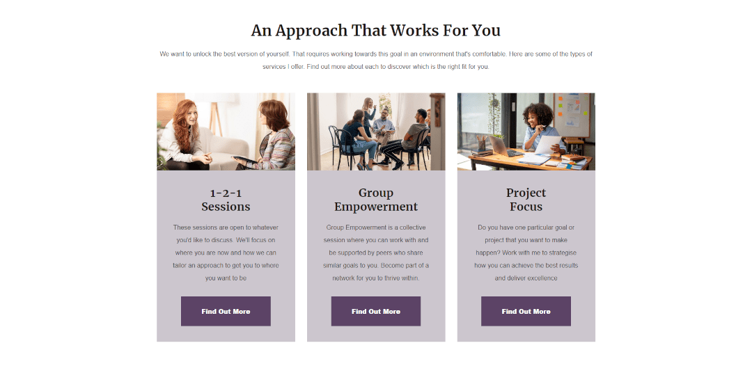 A collection of different services offered on a coaching home page