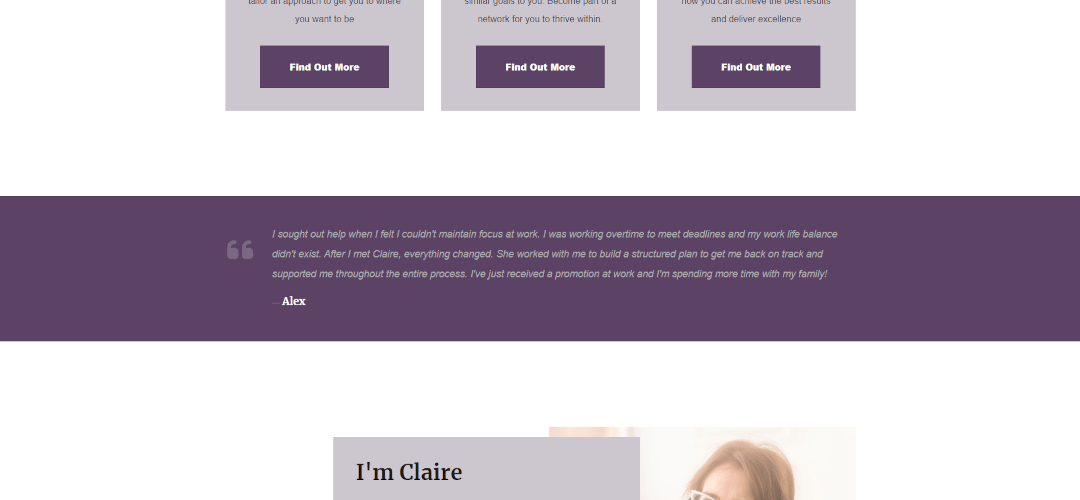 An example of a featured testimonial on a coaching website homepage