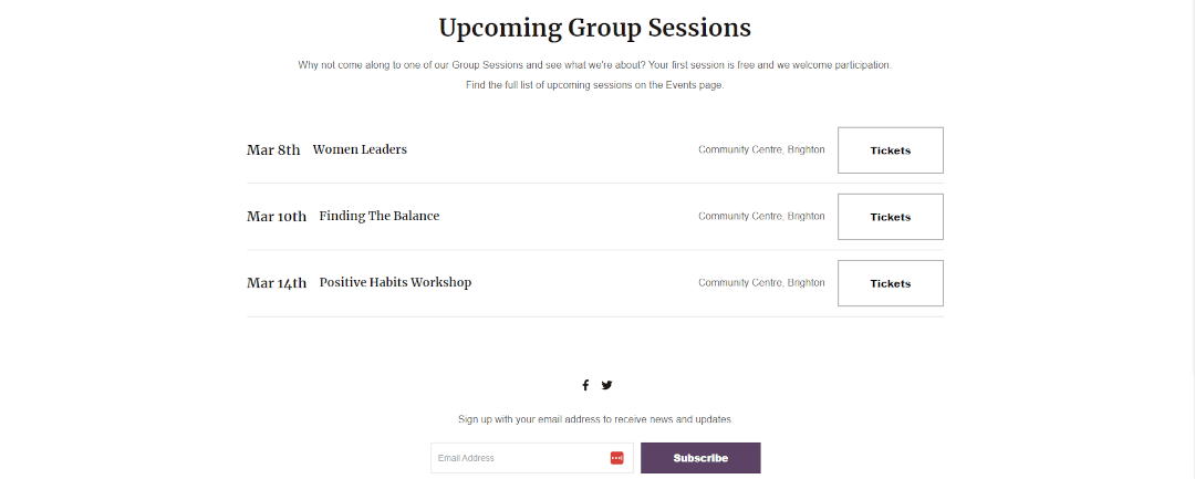 A timetable of coaching classes on a website home page
