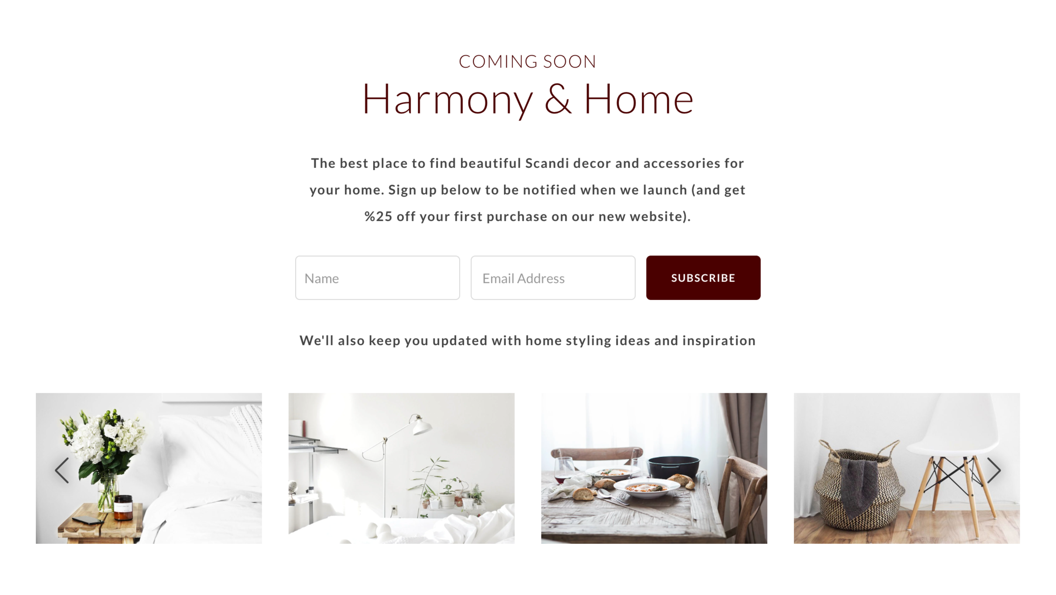 Harmony & Home's coming soon page featuring homewares and an exclusive discount