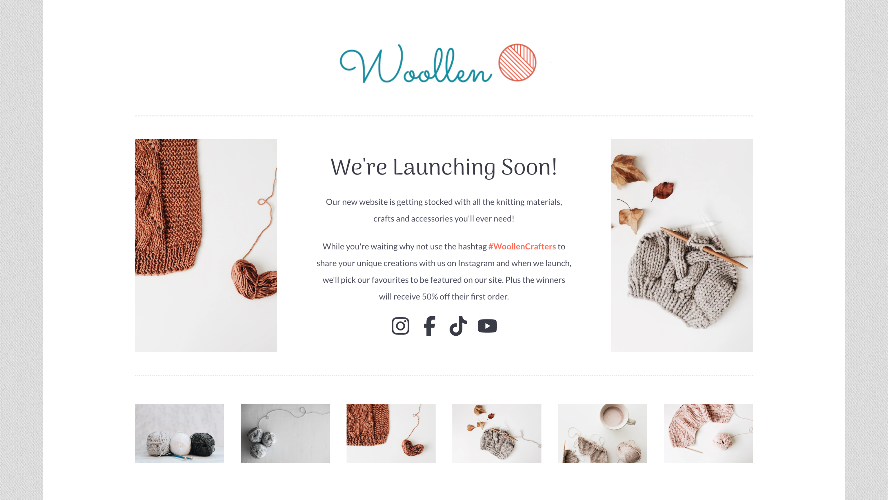 Woollen's coming soon page featuring knitted crafts and social campaign