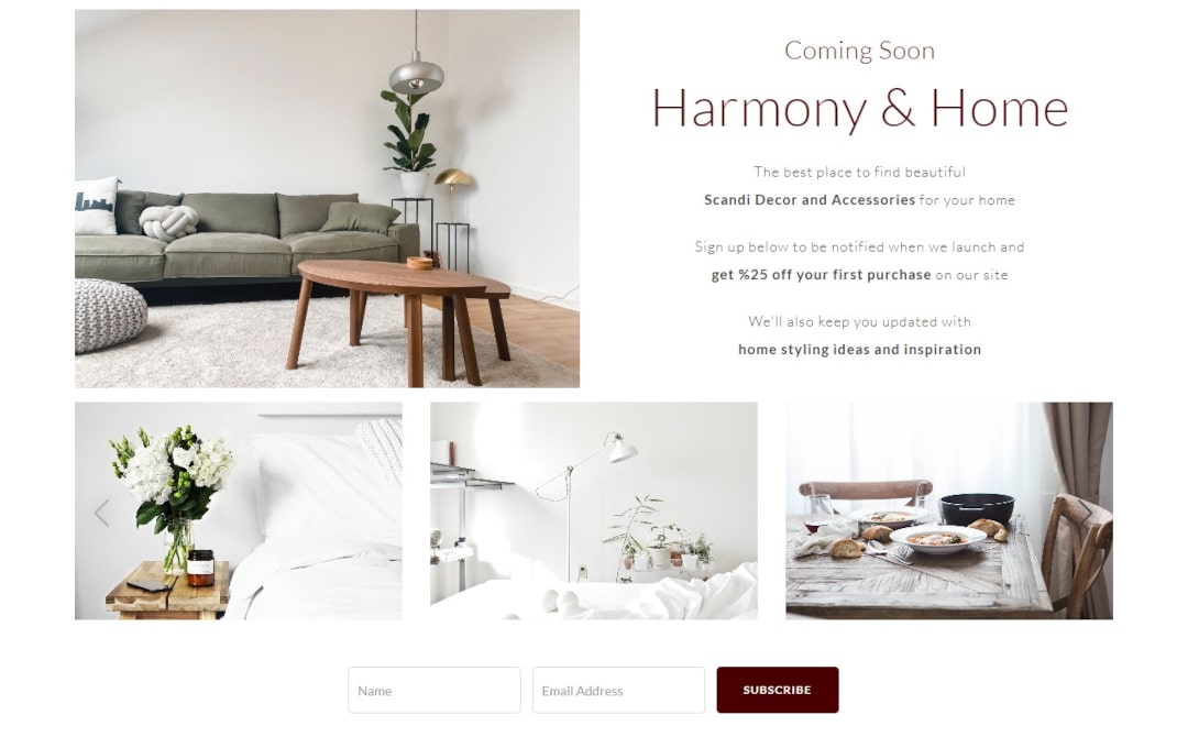 Harmony & Home's coming soon page featuring homewares and an exclusive discount