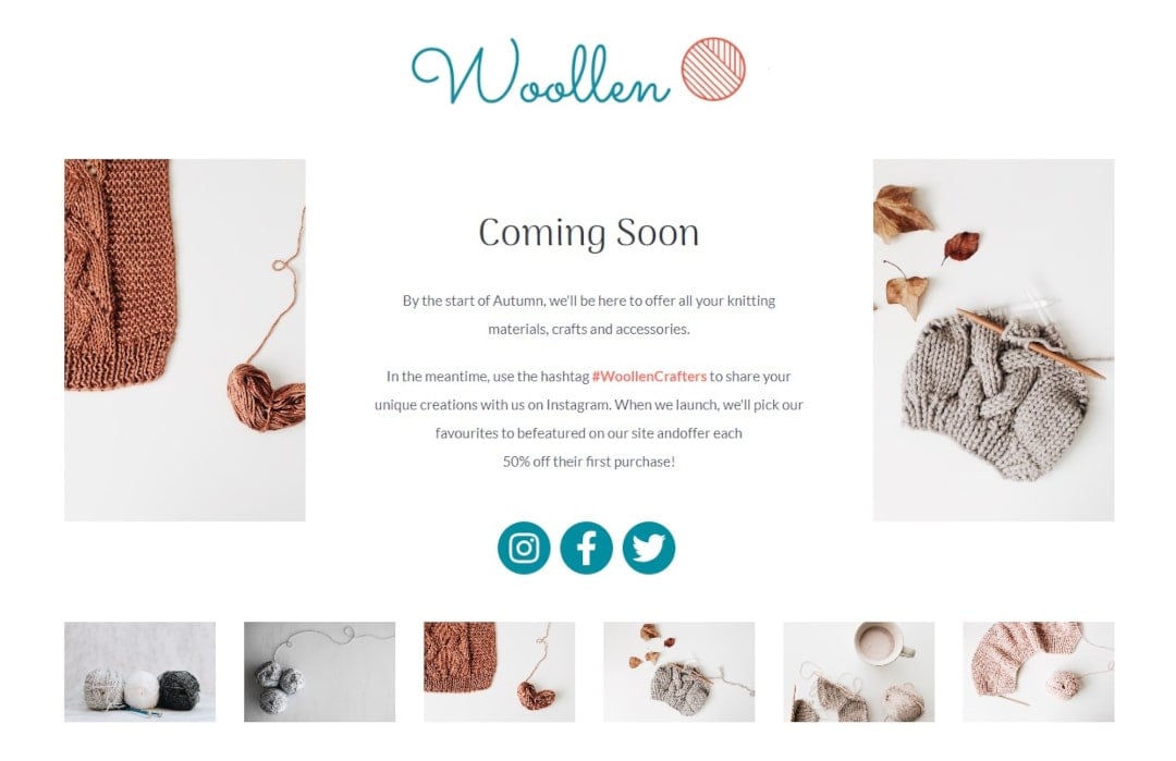 Woollen's coming soon page featuring knitted crafts and social campaign