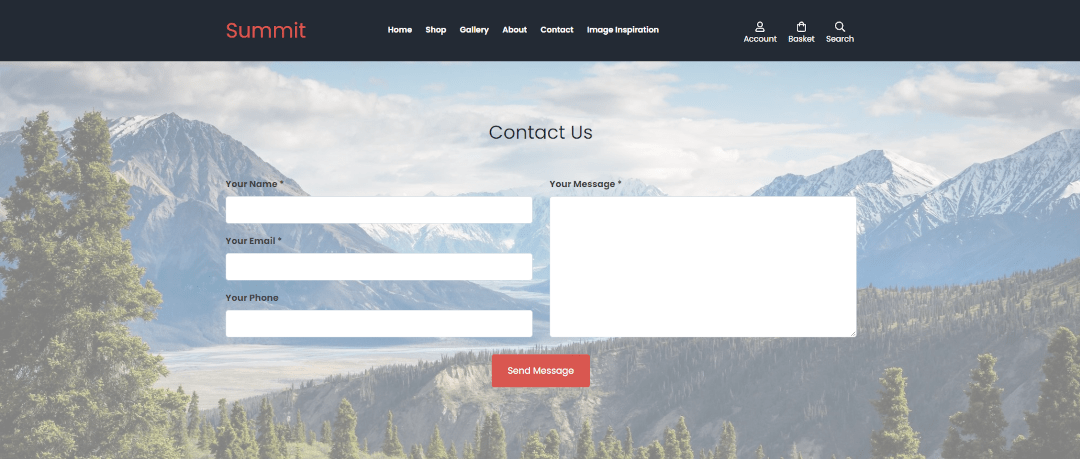 The Summit contact page and form with a mountainous backdrop