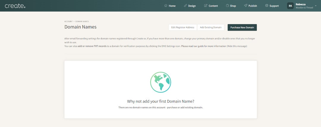 The domain names area within a Create account