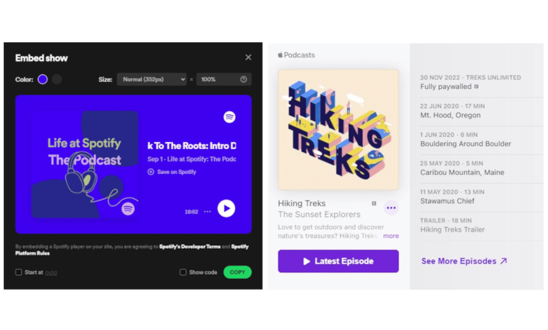 Examples of podcast show embed options from spotify and apple music