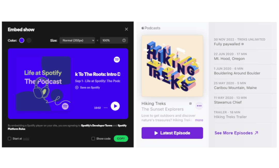 Examples of podcast show embed options from spotify and apple music