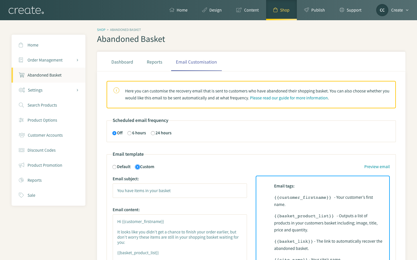 Abandoned Basket Email Customisation Options