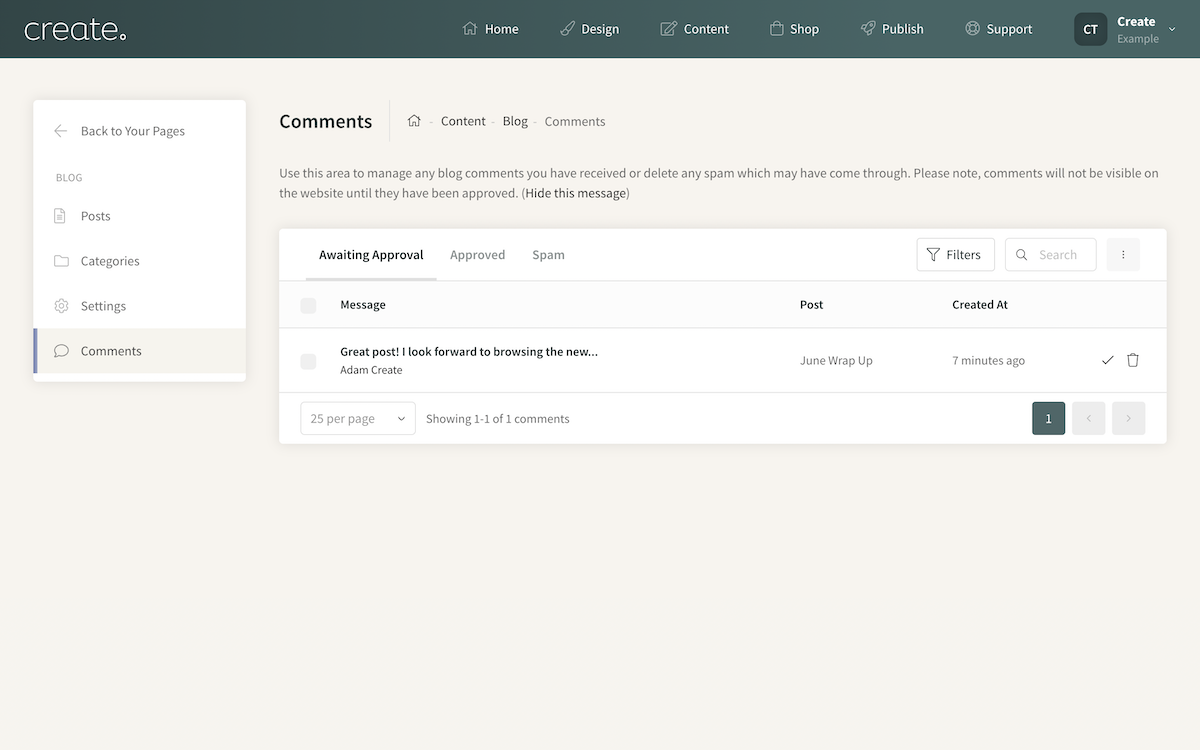 screenshot of the blog comment approval screen in Create