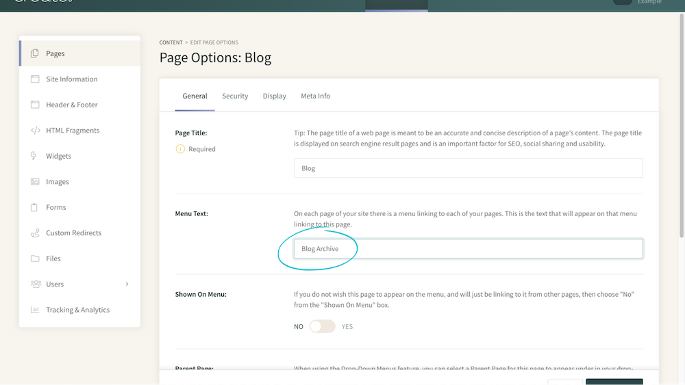 screenshot of the page settings screen of the blog