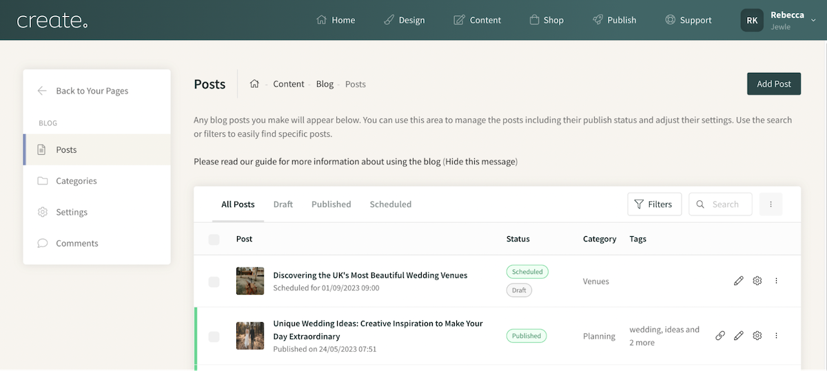 screenshot of the posts screen showing scheduled posts