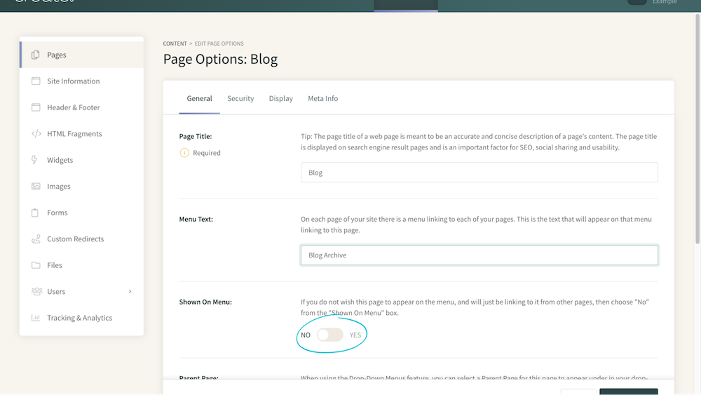 screenshot of the page settings screen of the blog