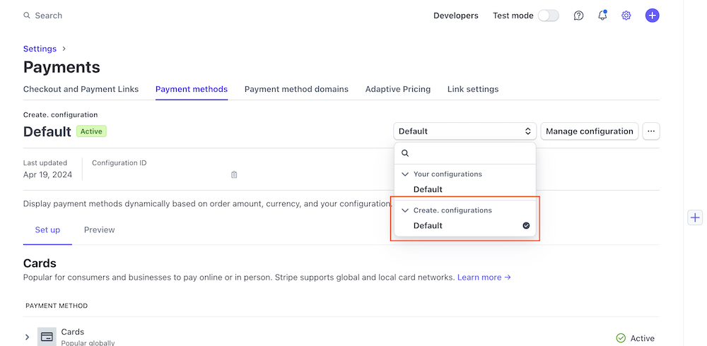 Stripe Create configuration