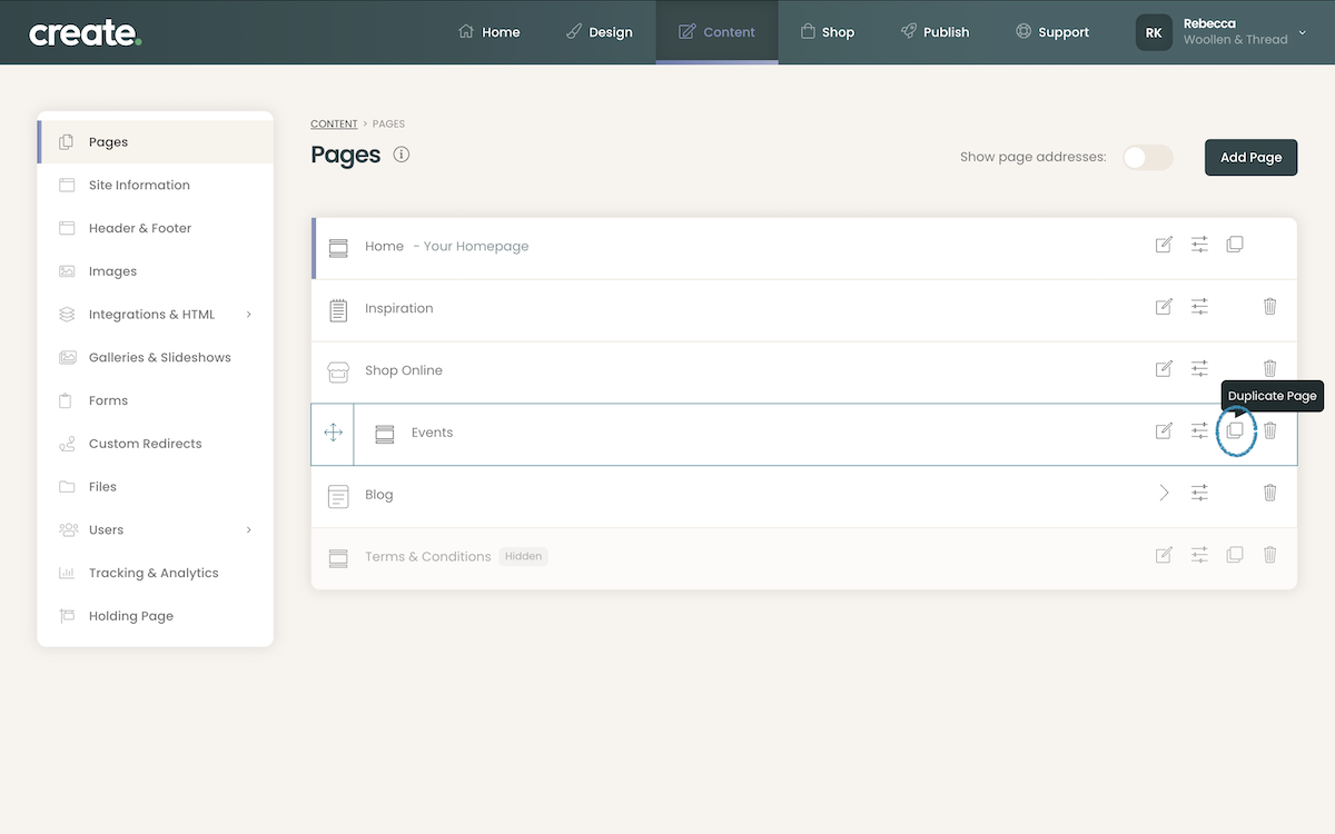 Process of duplicating a page in Create Website Builder