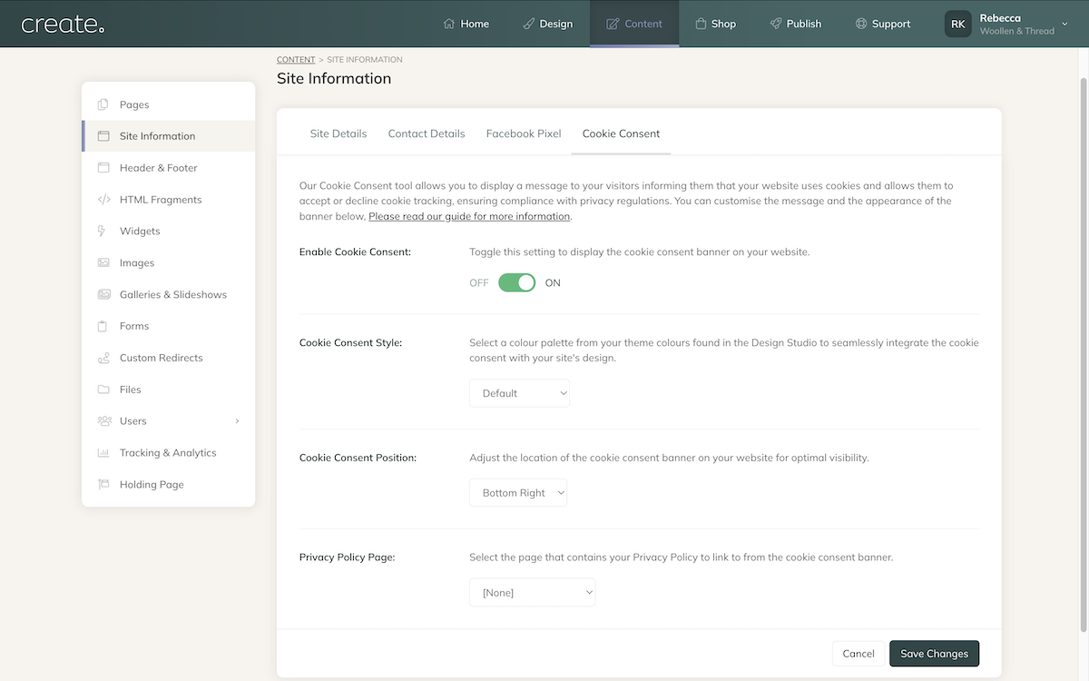 Site Information Cookie Settings