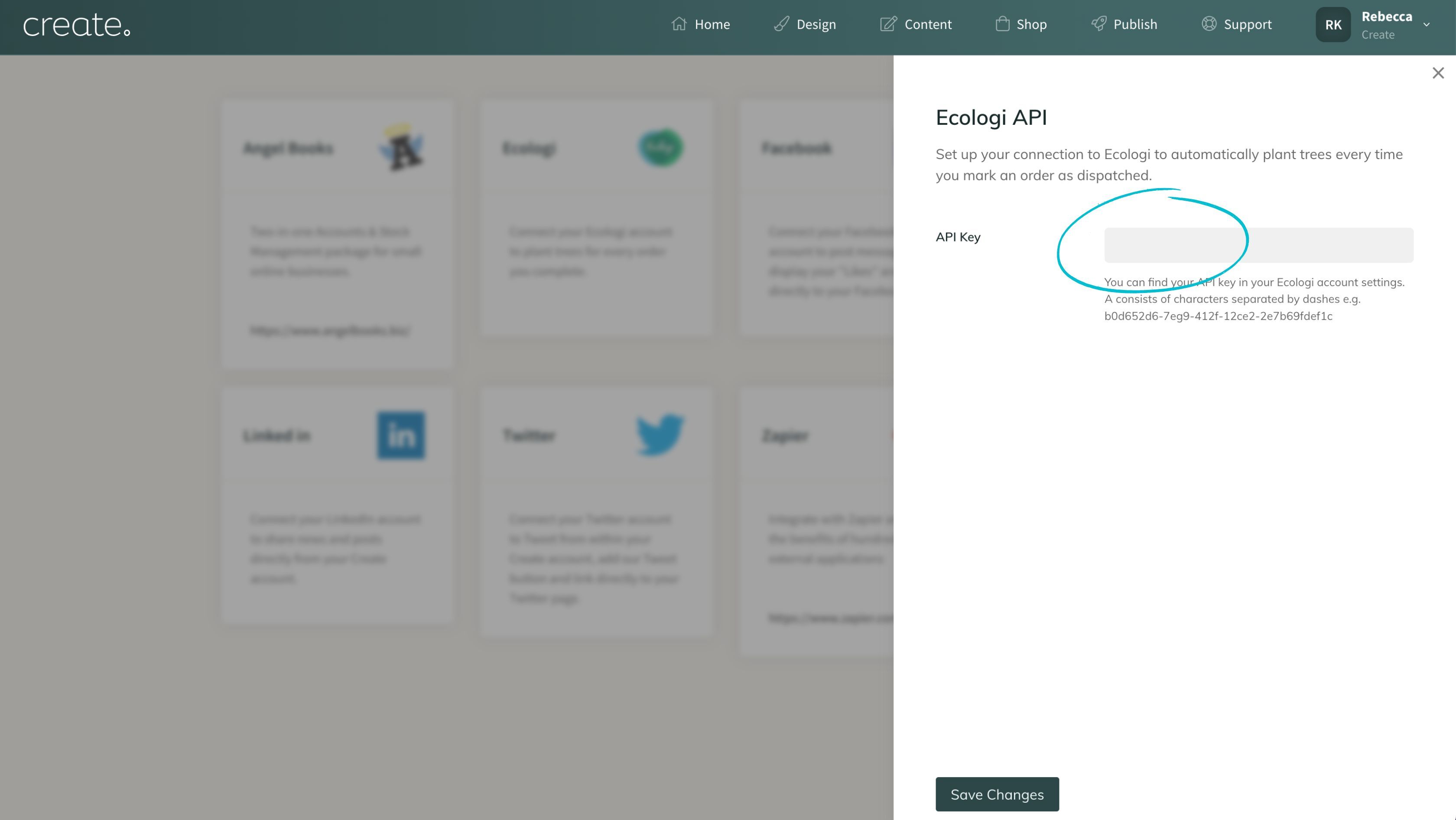 Pasting your Ecologi API Key into Create's Integration