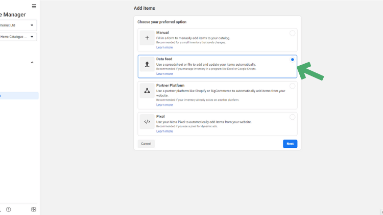 Data Feed Option in Meta Business Suite