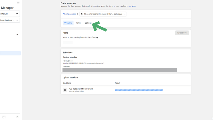 Data Sources Screen in Meta Commerce Manager