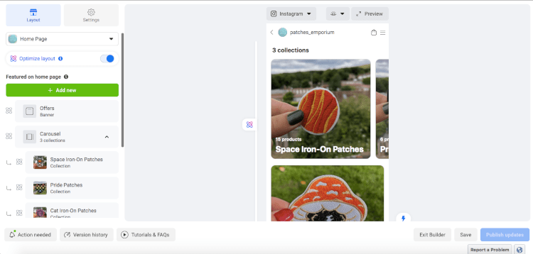 The Layout Customisation options for Facebook and Instagram Shops