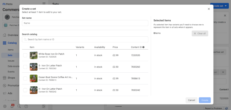 Manual product selection for creating Sets in Meta Commerce Manager