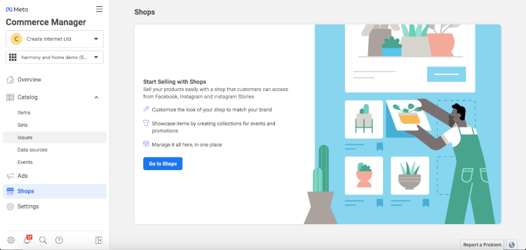 Meta Commerce Manager - Start Selling with Shops screen