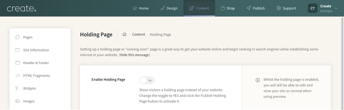 disable toggle for holding page in Create