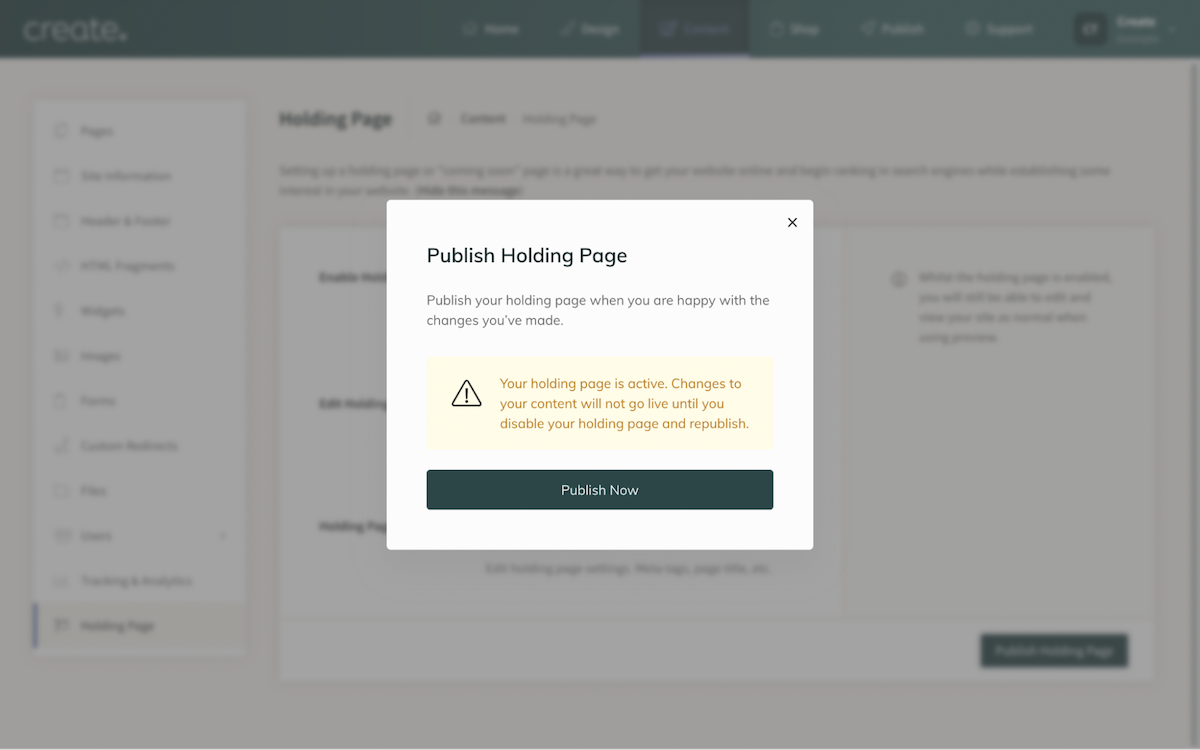 holding page publish modal pop up