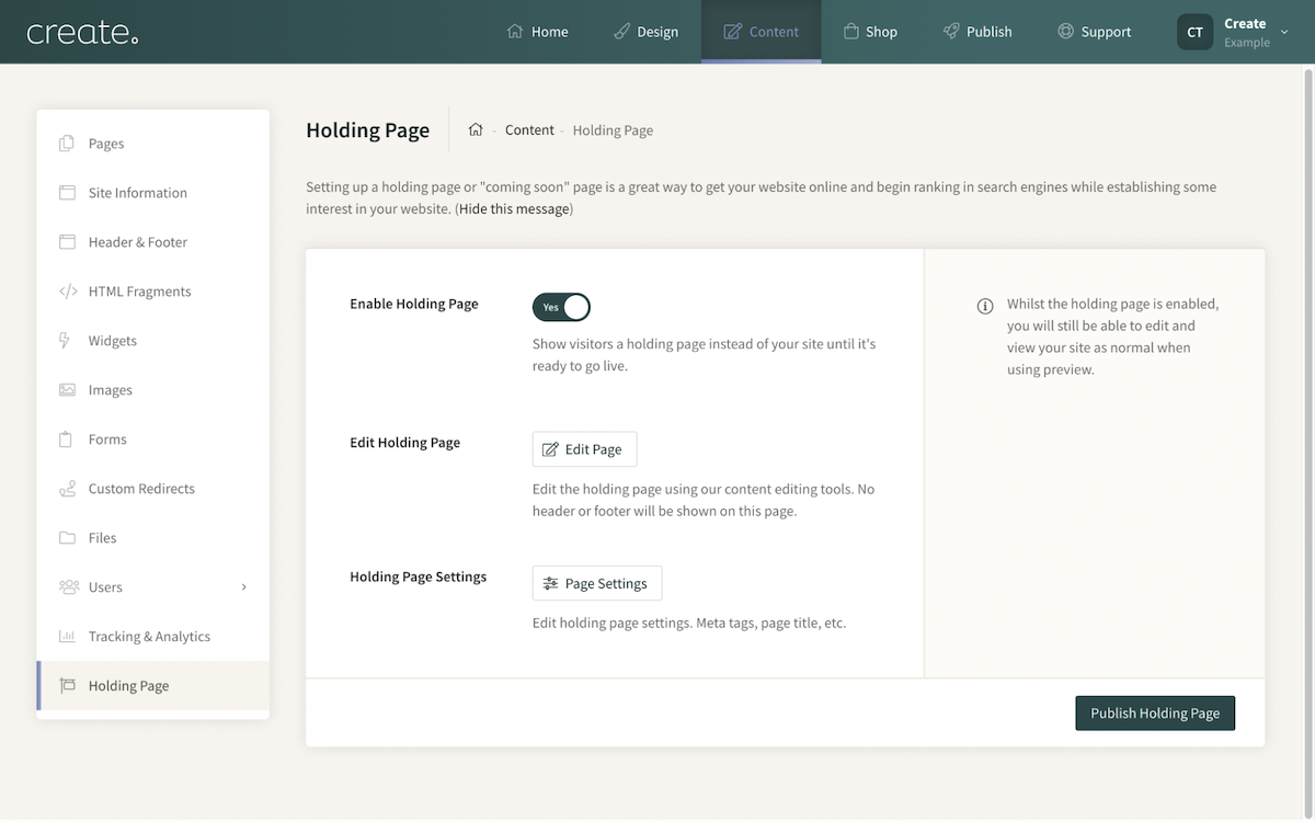 Holding page enable section of Create