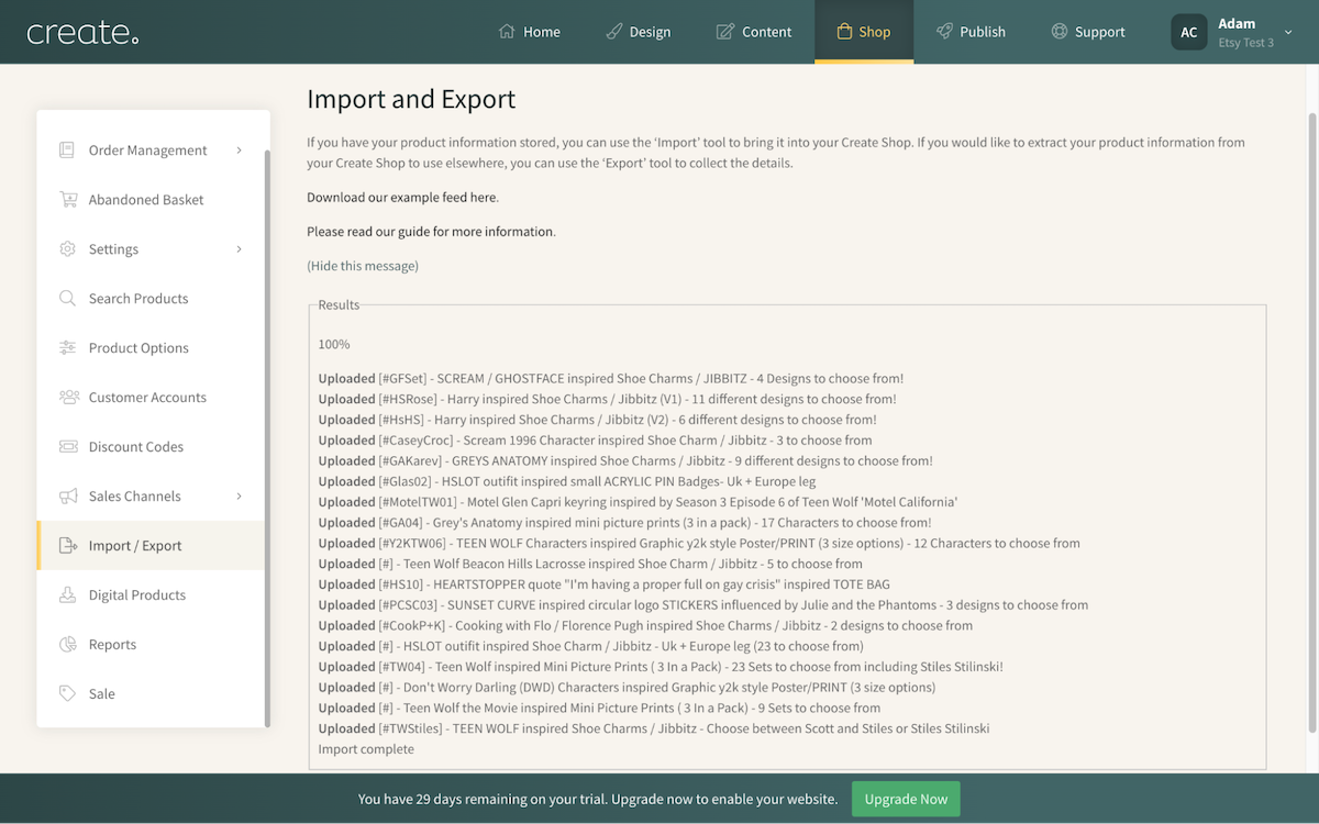 Etsy import status feed