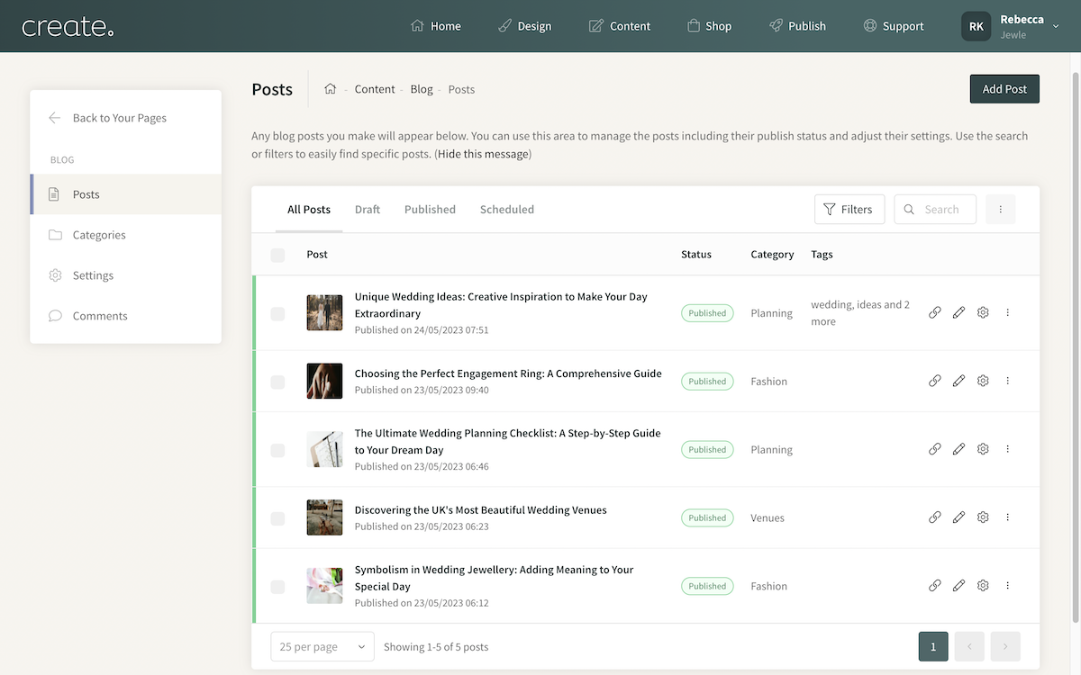 screenshot of the new blog management tools