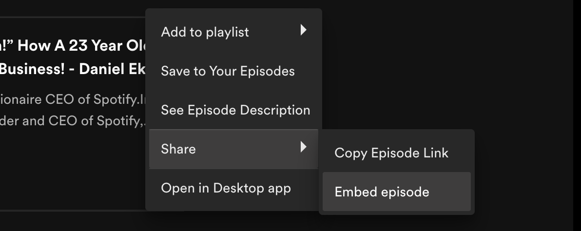screenshot showing the embed episode option in Spotify